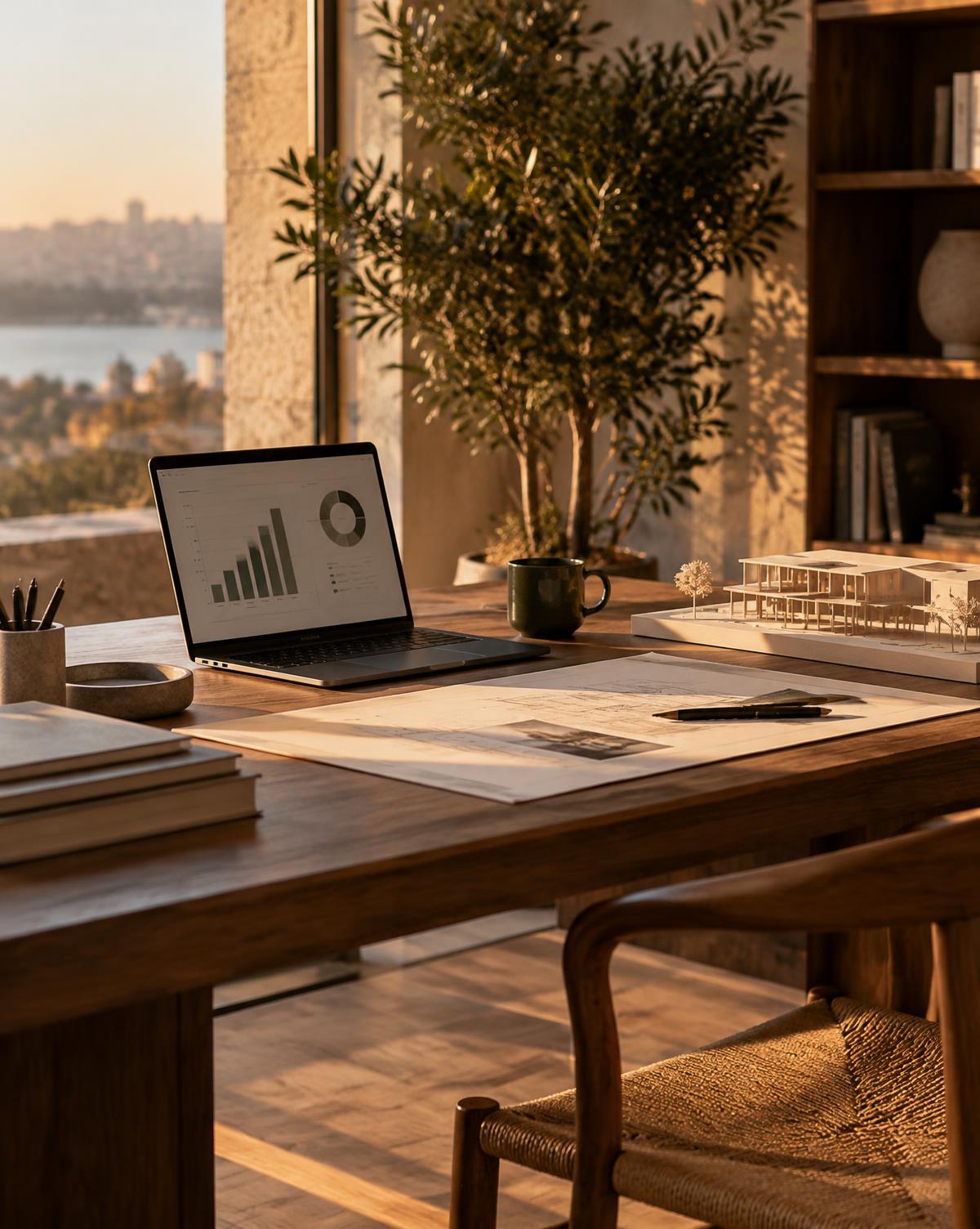 Sunlit HDM-style studio desk with a laptop showing growth charts and an architectural model
